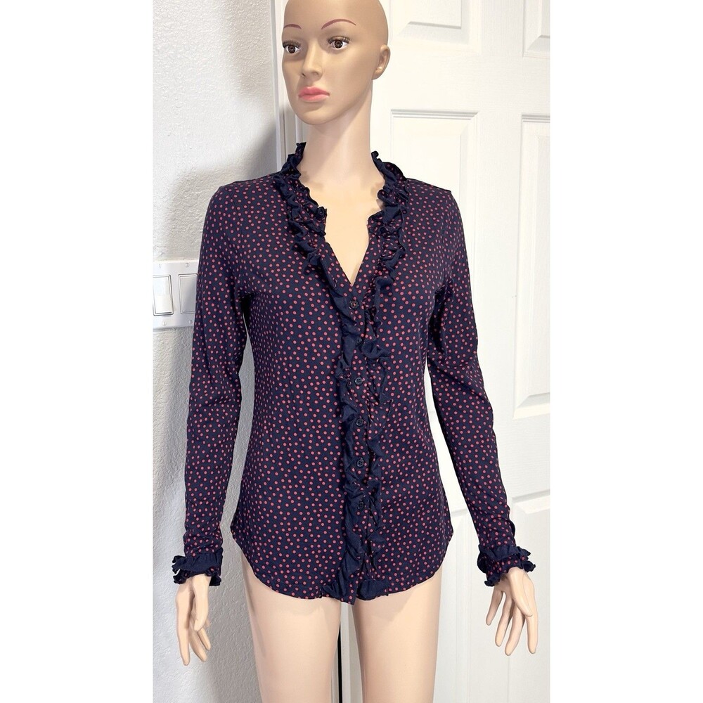 Boden Women’s US 4 Navy Red Polka Dot Ruffle Button Front Blouse Top Modal Blend